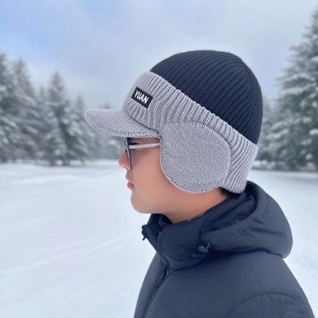 Varm strikket vinterlue for menn med øreklaffer, tykk og vindtett, egnet for sykling.