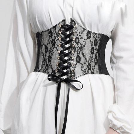 Vintage snörning Underbyst Spetsgördel Korsett Bälte Vit Rosa Svart Elastisk bred midja Gaine Amincissante Femme Gorset, svart