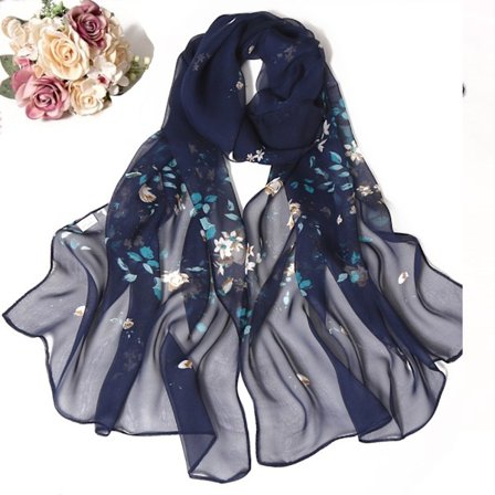 Tunn sommarsjal, halssjal, festlig, sjal, mörkblå blommor (160x50 cm)