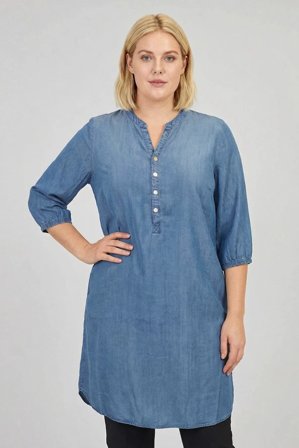 CISO - 3/4 Ærmet Kjole - Denim Blå - V-Hals