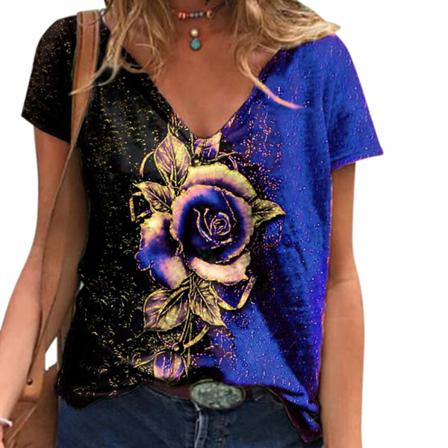 Summer Rose Print Kortärmad Lös T-shirt Dam Casual V-nec