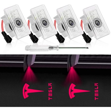 4 stk. Tesla dørlogo-projektorlamper, ultra-lysende, falmer aldrig, byder dig velkommen med trinlys med værktøj, Plug & Play (rød)