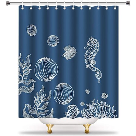 Badeforhængsfor - Koralhavsfisk Søhest Havliv Badeforhæng til badeværelset med 12 kroge - Stregtegning Unikt badeforhæng til drenge og piger, 72x72 