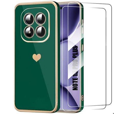 Cover til Xiaomi Redmi Note 15 Pro Plus 5G, Silikone Hjerte Mønster - Nat Grøn - 2 Tempered Glass