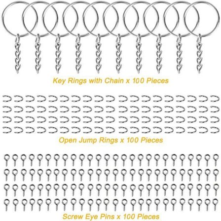 300 kpl avaimenperärenkaita jaettuna, mukana 100 avaimenperän hyppyrengasta, 100 avointa hyppyrengasta ja 100 ruuvikiinnityssilmukkaa