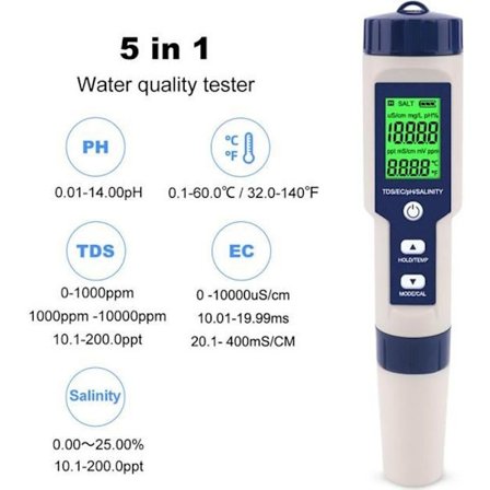 5-i-1 Vannkvalitetstester - VVIKIZY - EZ-9909 - PH, TDS, EC, Salinitet