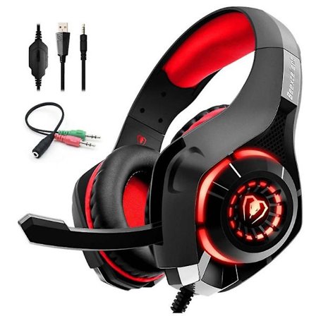 Gaming-headset med brusreducerande mikrofon, over-ear-spelhörlurar med led-lampor för telefon/dator