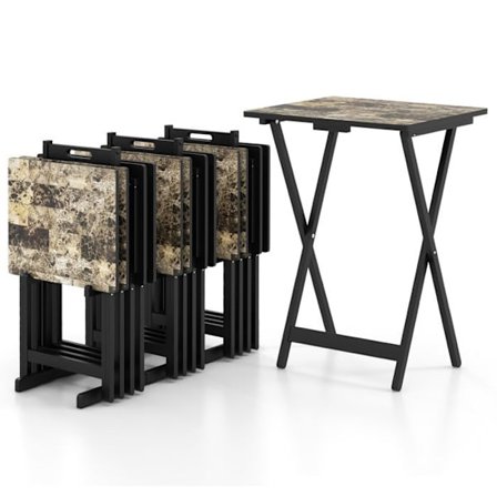 COSTWAY Set med 4 hopfällbara träträdgårdsbord, TV-bord last 30 KG med förvaringsstöd, för uteplats Balkong Vardagsrum