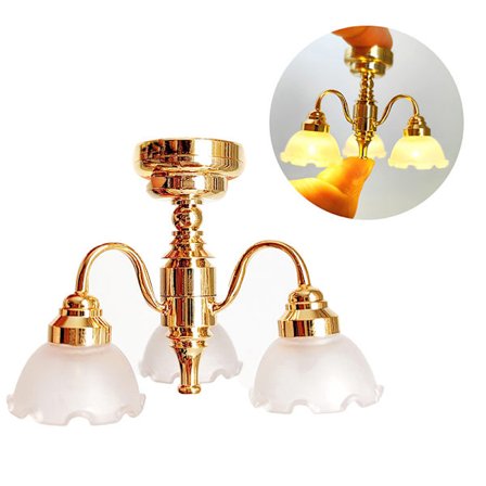 1:12 Dukkehus Miniature LED gylden loftslampe Lysekrone Pels