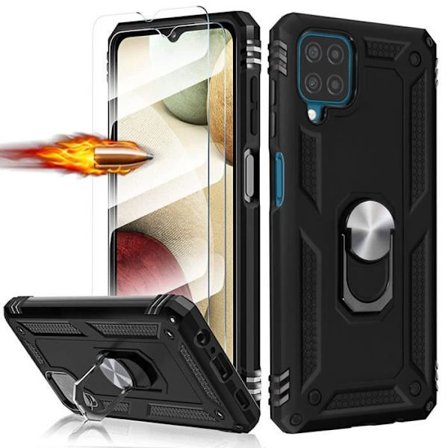 Hårdt etui til Samsung Galaxy A12 - PROSHOP - Med hærdet glas - Ringstøtte - Forstærket kant - Sort