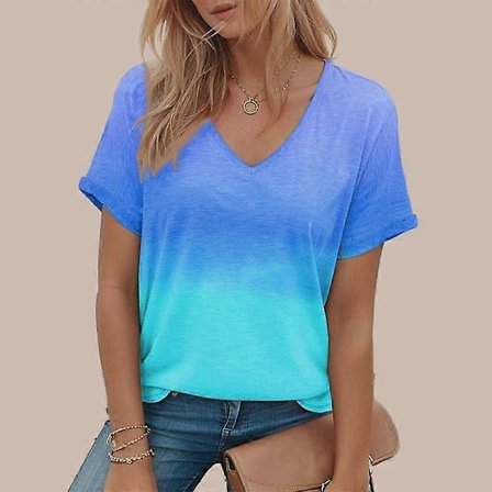 Naisten V-aukkoinen lyhythihainen auringonlaskukuvioinen löysä T-paita rento paita