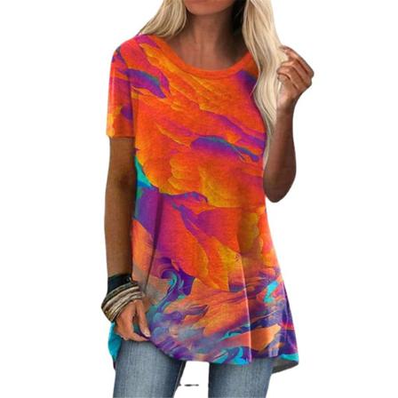 Kvinnors Boho Print Kortärmad T-shirt Dam Summer Casual Blo