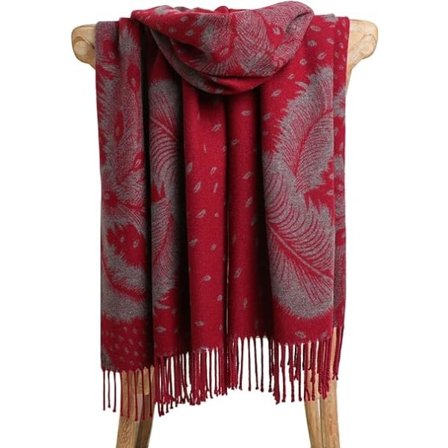 Elegant imitation kashmir-stil scarf eller sjal i påfågeldesign (vinröd)