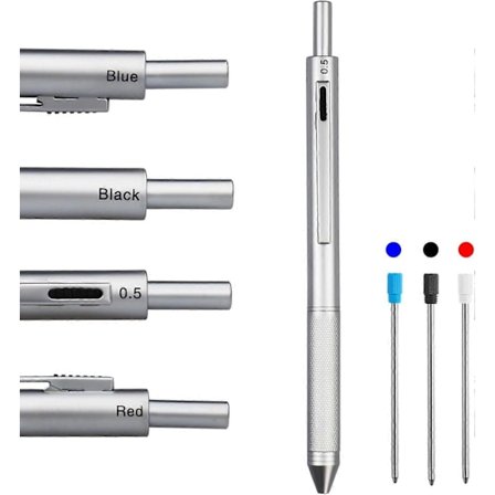 4 i 1 Flerfarget penn, Multifunksjonspenn med metallkropp, 0,5 mm mekanisk blyant, rød kulepenn, blå kulepenn og svart kulepenn (Sølv)