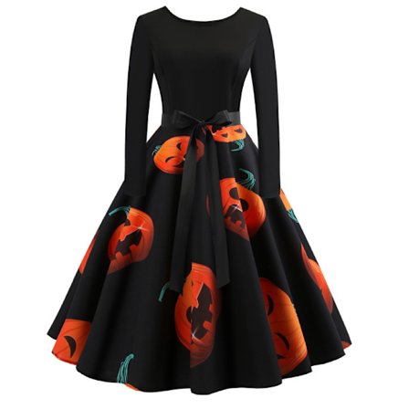 Mub- ZHEZHE Adults Halloween Costume Long Sleeve Women's Dresses Printed Maxi Ladies Dress Women Halloween Clothes WIth Belt