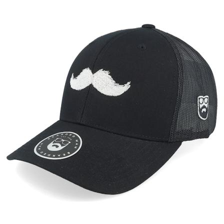 Bearded Man - White Moustache Movember Black A-Frame Trucker Trucker Black Cap - @ Hatstore