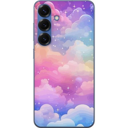 Kompatibelt Mobildeksel til Samsung Galaxy S25+ Søt enhjørning med regnbuefarget hår mot en stjernebelagt pastellbakgrunn i kawaii-stil