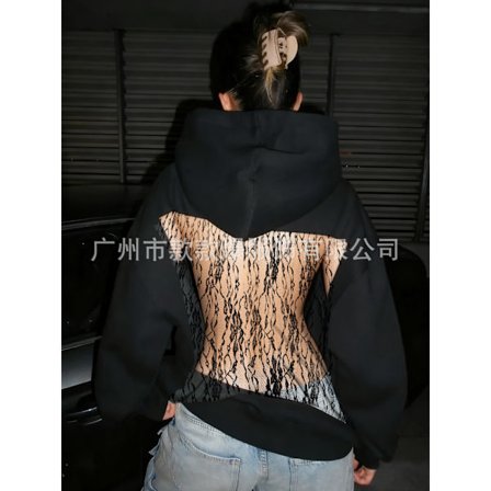 Backstage Crystal Mesh Hoodie, Fashion Streetwear Pullover Sweatshirt, Sort Blonde, Størrelse M
