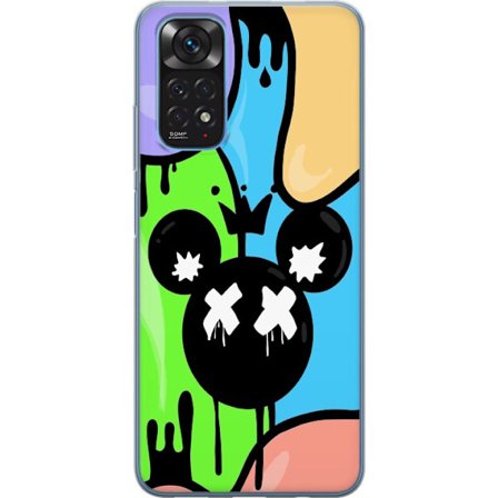 Xiaomi Redmi Note 11 Gennemsigtig cover Funky gadekunst design med dryppende graffiti og sort musfigur med X øjne, trendy bymotiv perfekt til farveri