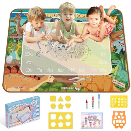 Vand Tegnemåtte Børnelegetøj 100×80cm, med 3 Tegne Penne og 3 Tegneskabeloner, Genanvendelig Vand Tegnemåtte til Drenge og Piger