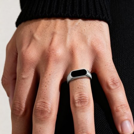 Orisun | Silver-Tone Stainless Steel Black Onyx Signet Ring for Men - Signet rings