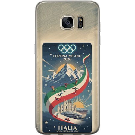 Yhteensopiva Puhelinkuori Samsung Galaxy S7 edge Mäkihyppykuvitus, jossa hiihtäjä tähtää kiväärillä lumisella radalla, teksti Milano Cortina 2026 ja o