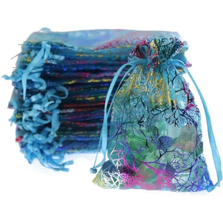 100 stk Blå Organza Vesker med Snøring, Smykkeposer, Korallinmønster Godteri Sjokolade Julefest Bryllupsgaveposer, 3,5x4,7 tommer