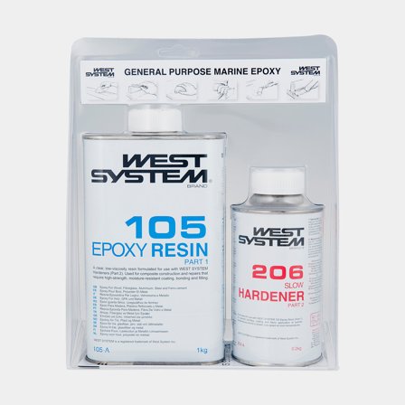 Kit époxy avec durcisseur lent West System 105/206 A-pack, 105-A Résine Époxy + 206-A Durcisseur Lent, 1.2 kg (1 kg base + 0.2 kg durcisseur)