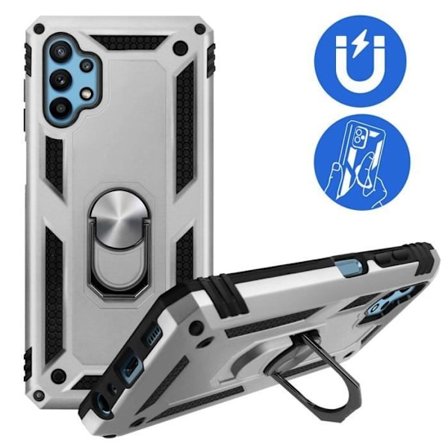 Fodral för Samsung A32 5G (6,4") Silver Ring Stativ Metallkant Silikon Metallplatta Solid Baksida