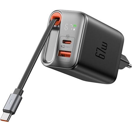 2025 Siste Modell 67W USB C-lader med Uttrekkbar Kabel Strømforsyning USB C GaN Hurtiglader 3-Port 67W GaN-lader PD-lader for iPhon