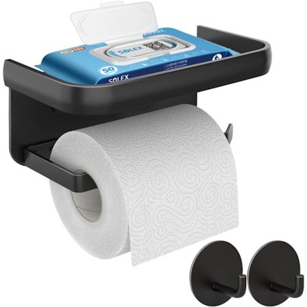 Toalettpappershållare med hylla - SUS 304 Rostfritt Stål Limmad Toalettpappershållare, Svart Toalettpappershållare, Toalett