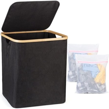 Vasketøjskurv - Vasketøjskurv med låg - Sammenklappelig bambus vasketøjskurv med håndtag - Stor kapacitet Sorte vasketøjskurve,AAFGVC