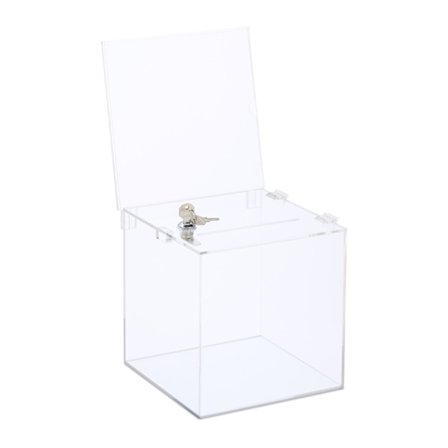 Donationsæske i akryl med lås og skiltholder