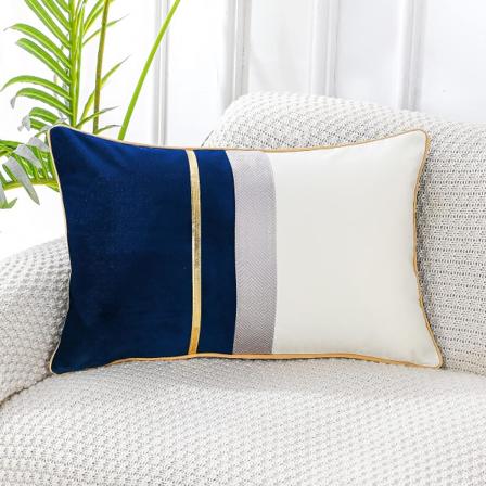 Patchwork mørkeblå silke-lignende fløjls pudebetræk med guldstribet læderpudebetræk Moderne luksus lændepudebetræk, 12x20 tommer