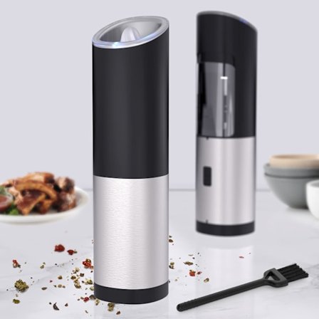 Elektrisk salt- och pepparkvarnset Automatisk pepparkvarn Kvarn Justerbar grovhet, Batteridriven rostfritt stål Pepparkvarn med ljus (Bat