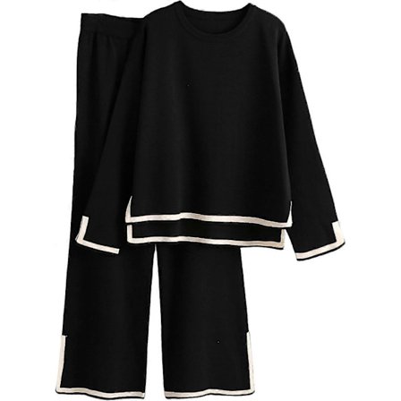 Dam 2-delade outfits Långärmad stickad tröja Topp Vida ben Byxor Lounge Set Träningsdräkter-lingling}