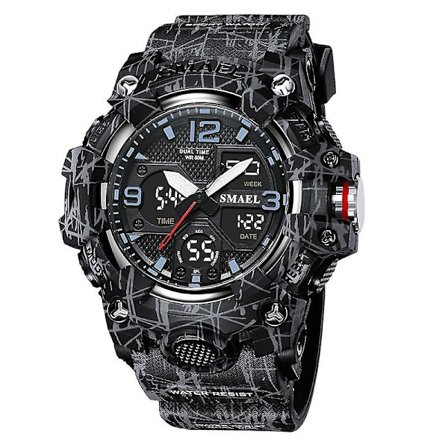 Smael Dual Time Herreur Mode Vandtæt Kvarts Digitalt Armbåndsur Vækkeur LED Baggrundslys Kalenderure 8008