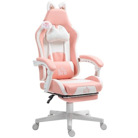 Gaming Chair Ergonomisk Gamer Stol med Lændestøtte, Fodstøtte, Gaming Stol med Cat Ears, Pude, Højdejusterbar Kontorstol med Justerbar Ligefunktion Pi