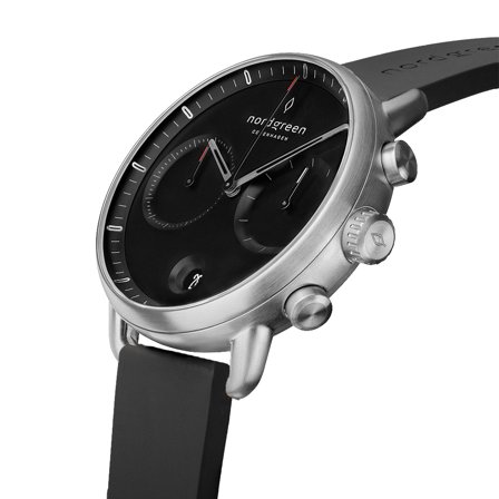 Nordgreen Men's Scandinavian Wrist Watch - Silver Case - Black Dial - Black Rubber Nurses Watch Strap Pioneer White Dial Chronograph
