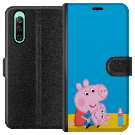 Yhteensopiva Lompakkokotelo Sony Xperia 10 IV Peppa Pig haltijan teema kruunulla ja taikasauvalla vaaleanpunaisella taustalla, söpö lasten kuvitus Gre