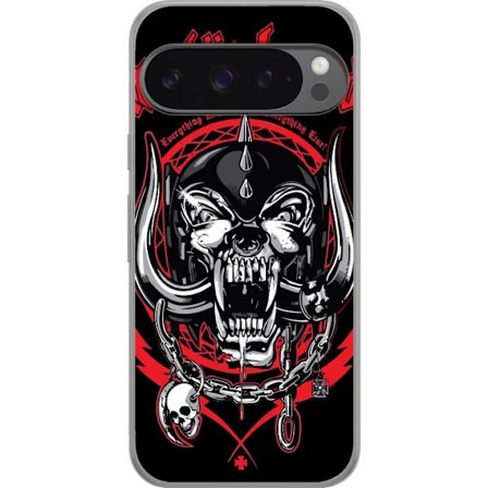 Google Pixel 9 Pro XL Genomskinligt Skal Motörhead Classic Skull med rött och svart tema, kraftfullt rockmotiv för hårdrockfans och klassisk stil.