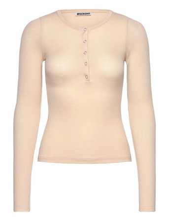 Weekday Sheer Rib Long Sleeve Henley Top - Cream - S