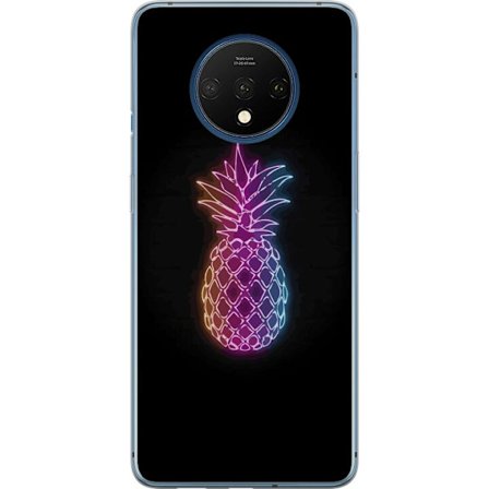 Kompatibelt Mobilskal till OnePlus OnePlus 7T Neonillustration av ananas i färgglatt ljus mot svart bakgrund