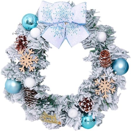 15,7" Förbelyst Julkrans med Snöflingor, Kulor, Rosett och Kottar. Belysta Snöflinge-julkransar för Ytterdörr (Blå) (LGL)