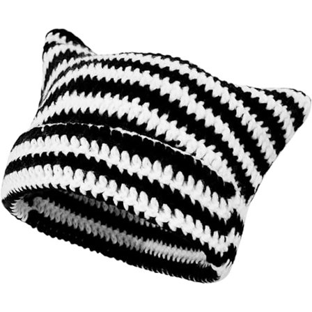 Strikhue til kvinder - Sort og hvid katteørehue - Varm elastisk strikhue til vinter - Skihue til piger voksne
