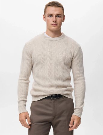 Mango Herringbone Structured Sweater - Beige - M