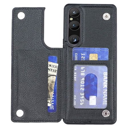 Til Sony Xperia 1 V Kickstand PU Læderbelagt TPU-etui Kortlomme Mobiltelefon Cover-Sort