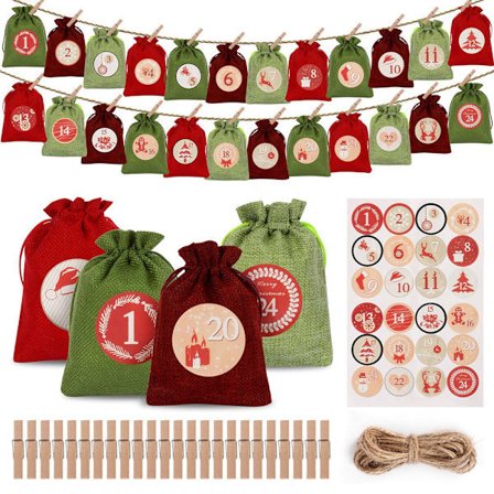 Adventkalenderpose, linstoffpose med snøring, julekalender, julesnop-pose, 24 nummererte tøyposer