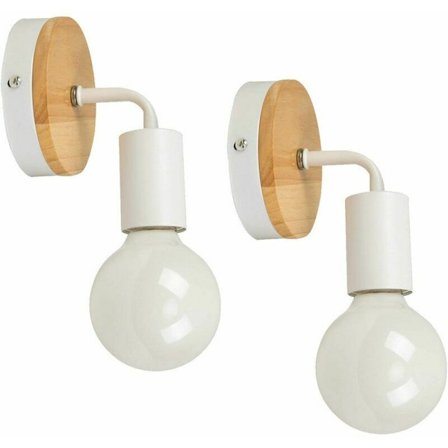Set med 2 moderna smidesjärn trävägglampor, vintage golvlampa E27 40W vägglampa läslampa sänglampa för sovrum (vit)
