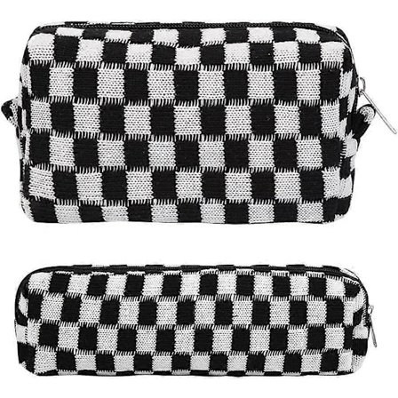 2 stk. ternede kosmetiktasker penalhus bærbar rejse toilettaske ternede penalhuse makeupbørster opbevaringspose papirorganisator sort
